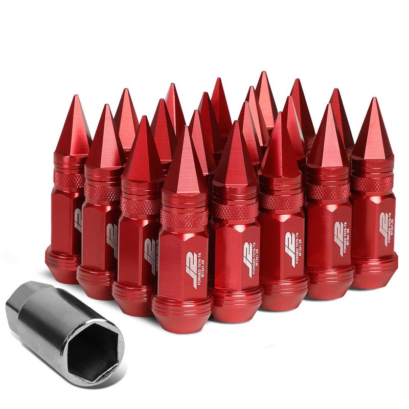 J2 Engineering LN-T7-022-125-RD 20Pcs M12 x 1.25 7075-T6 Aluminum 80mm Spiked Cap Lug Nut w/Socket Adapter (Red) - Image 1